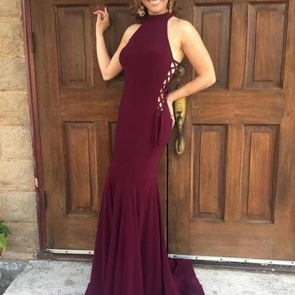Mermaid Strapless Ruffle Lace-Up Prom Dress With Sweep Train Burgundy main image 1
