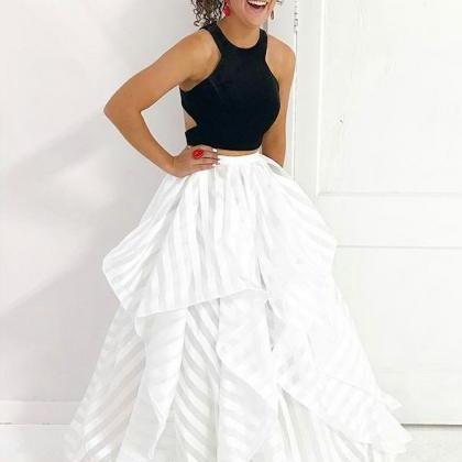 Two Piece Jewel Sweep Train White Striped Tulle..