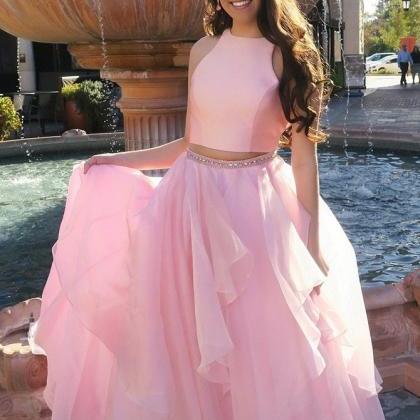 Two Piece Jewel Sweep Train Pink Satin Prom Dress..