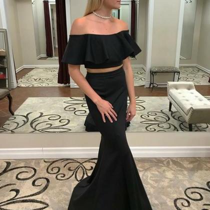 Two Piece Off-the-shoulder Sweep Train Black Satin..