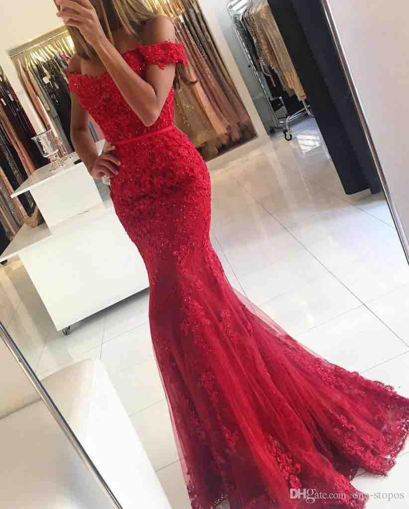 Red Lace Mermaid Prom Dresses Veatidos Off Shoulder Beaded Appliques Tulle Floor Length Long Evening Gowns