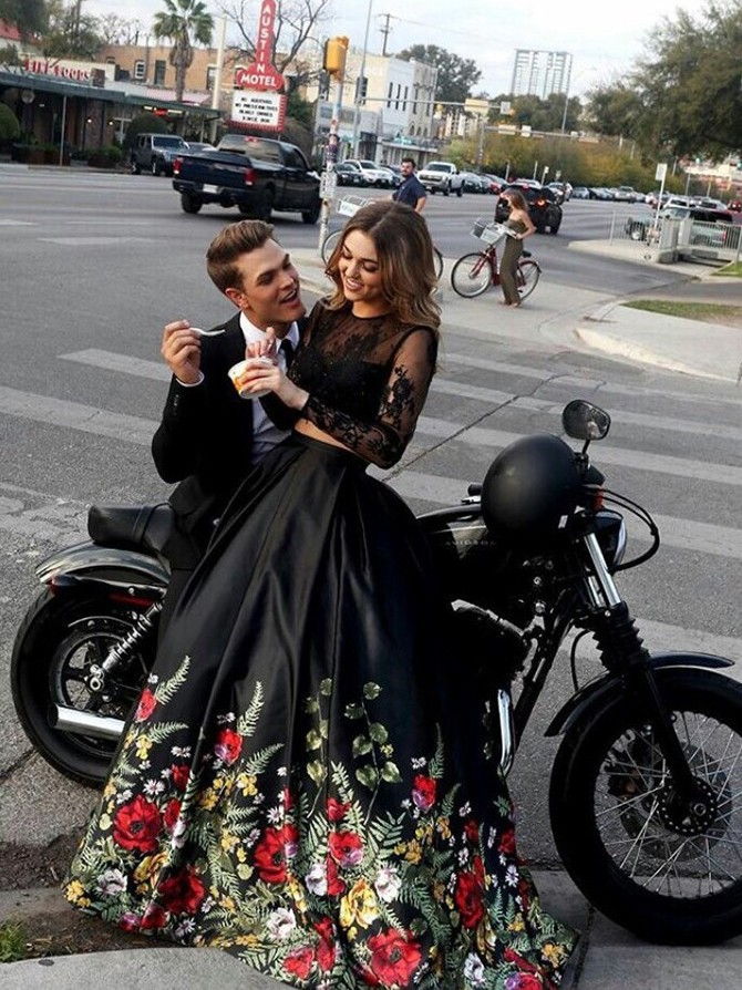 Two Piece Crew Sweep Train Open Back Long Sleeves Black Printed Pockets Satin Prom Dress