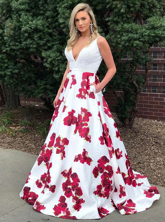 A-line Deep V-neck Sweep Train White Printed Prom Dress With Beading Pockets
