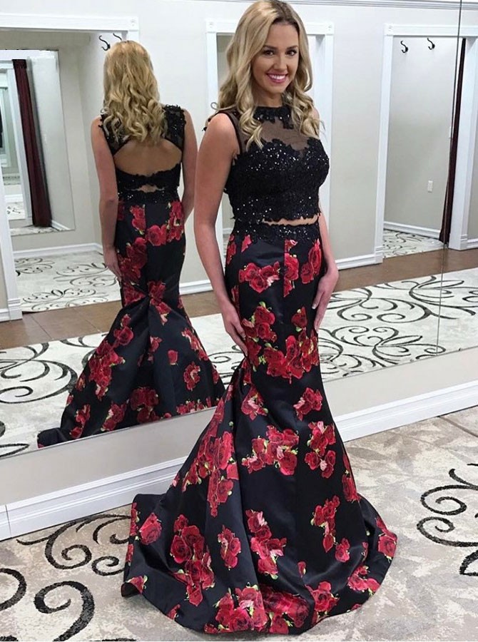Two Piece Jewel Sweep Train Black Printed Satin Open Back Prom Dress With Appliques