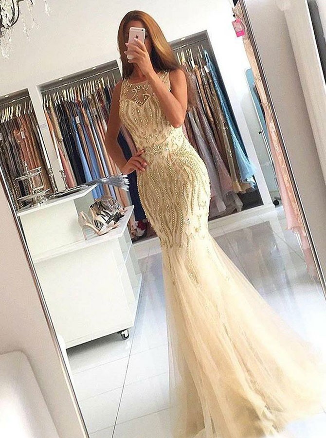 Mermaid Crew Sweep Train Champagne Tulle Sleeveless Prom Dress With Beading