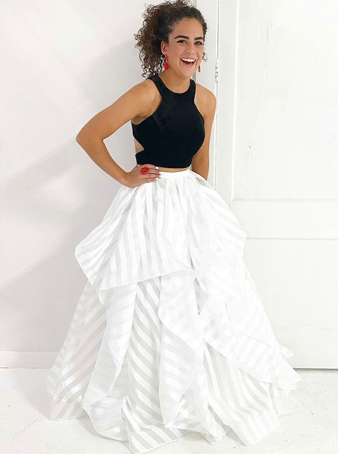 Two Piece Jewel Sweep Train White Striped Tulle Open Back Ruffles Prom Dress