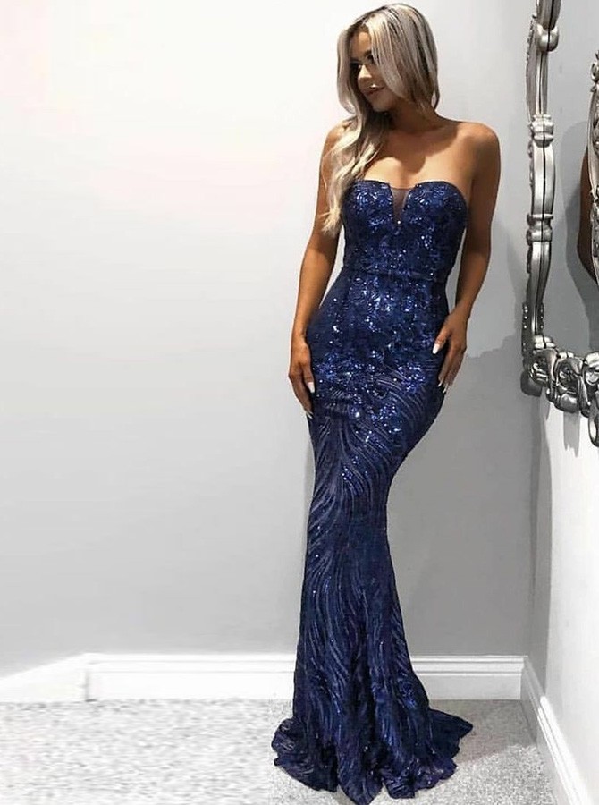 Mermaid Sweetheart Sweep Train Royal Blue Sequined Sleeveless Prom Dress