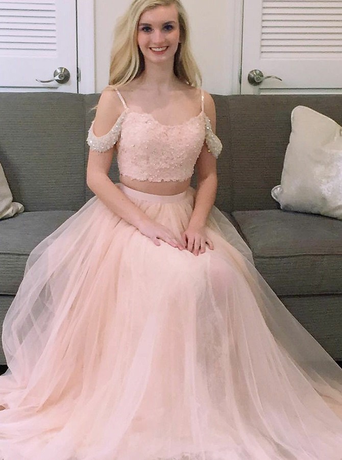 Two Piece Square Cold Shoulder Sweep Train Pink Tulle Prom Dress With Beading
