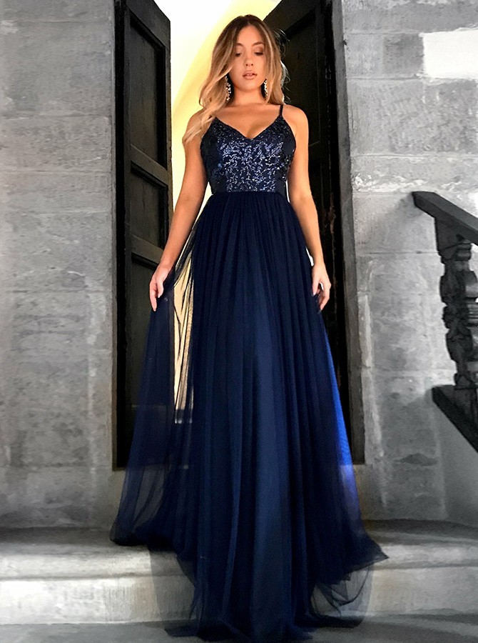 A-line Spaghetti Straps Sweep Train Navy Blue Tulle Prom Dress With Sequins