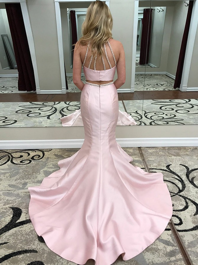 Two Piece Jewel Sweep Train Pink Satin Sleeveless Prom Dress With Beading