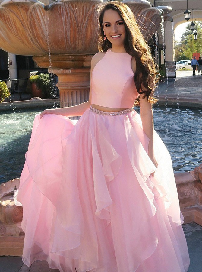 Two Piece Jewel Sweep Train Pink Satin Prom Dress With Beading Ruffles
