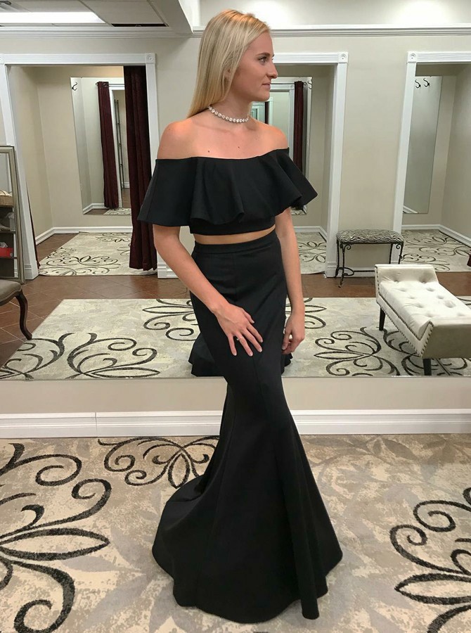 Two Piece Off-the-shoulder Sweep Train Black Satin Prom Dress With Ruffles