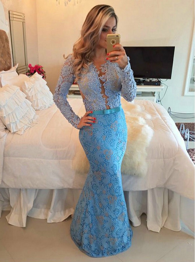 Mermaid Crew Floor-Length Long Sleeves Blue Lace Prom Dress With ...