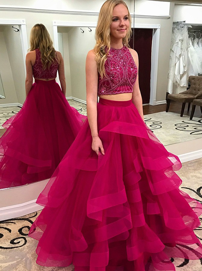 Two Piece Jewel Sweep Train Dark Red Tulle Prom Dress With Beading ...